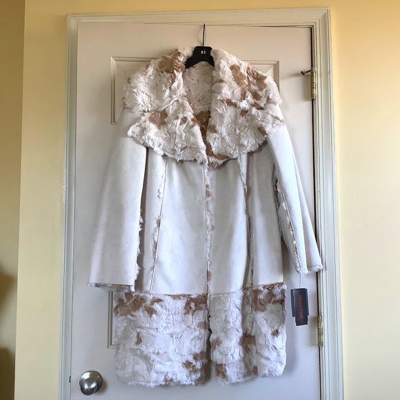 Adrienne Landau Reversible Faux Fur Shearling Coat Ivory Large - Picture 1 of 14